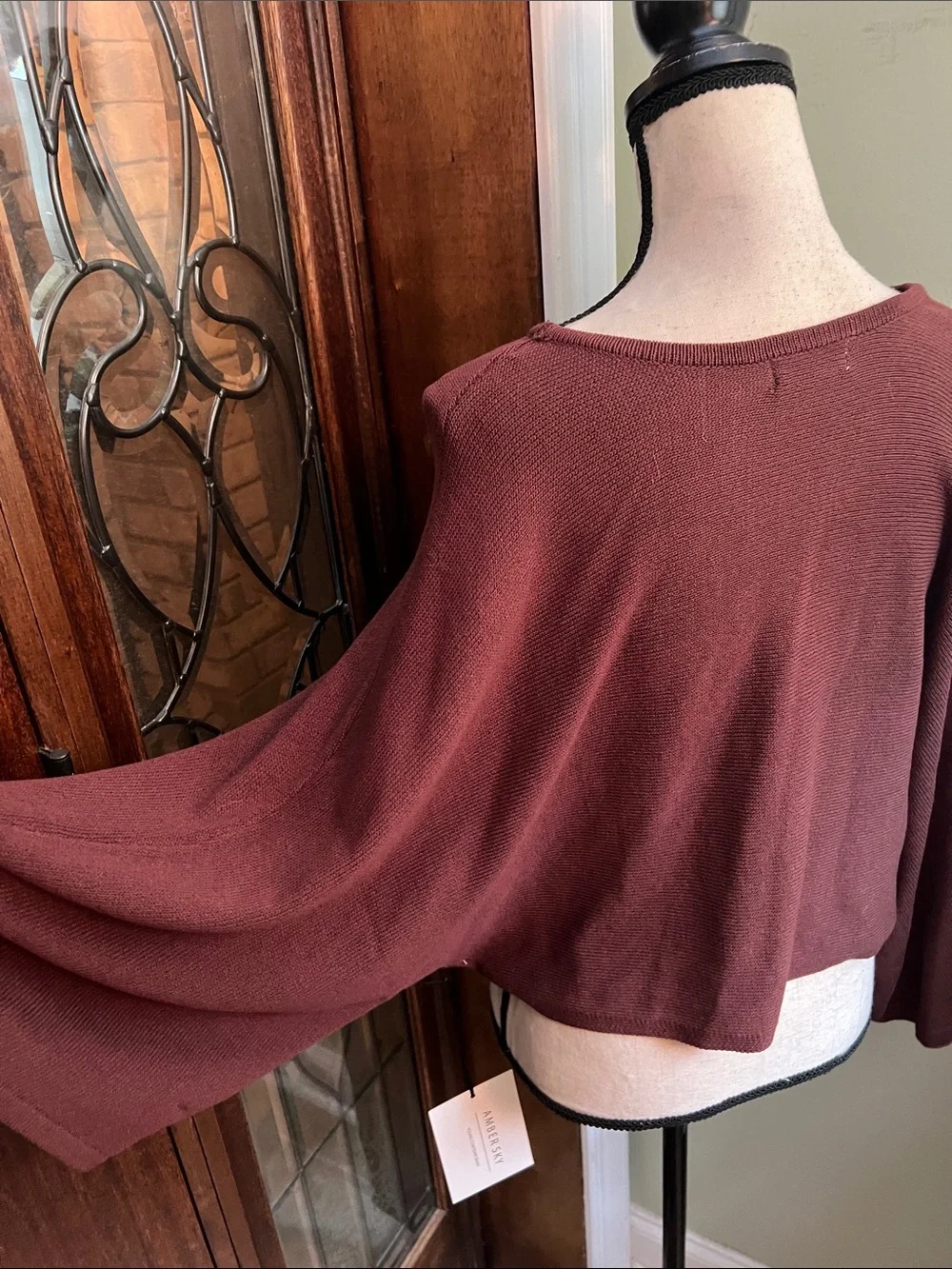 Off-the-Shoulder Wide-Sleeve Sweater in Burgundy